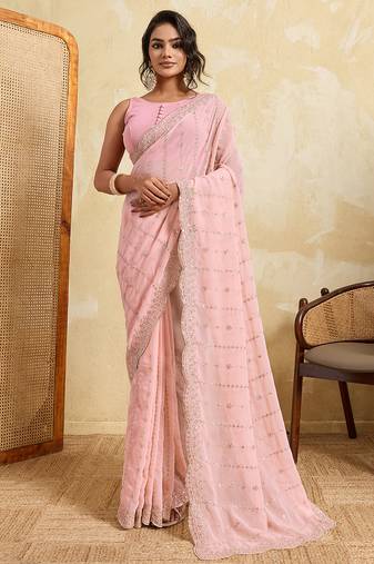 Pink color beautiful georgette fabric glamorous embroidered saree