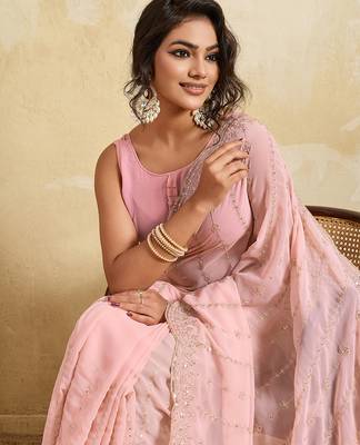 Pink georgette glamorous embroidered saree 3