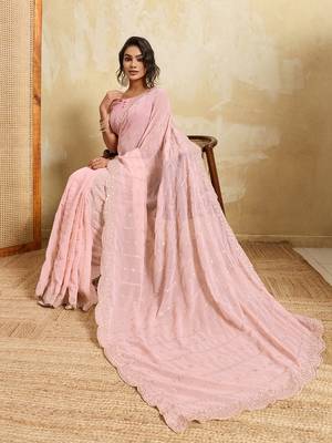 Pink georgette glamorous embroidered saree 5