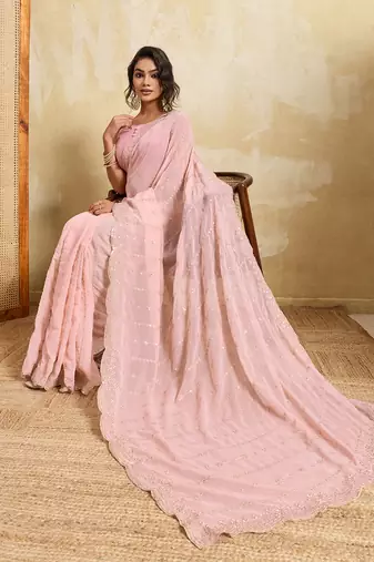 Pink georgette glamorous embroidered saree