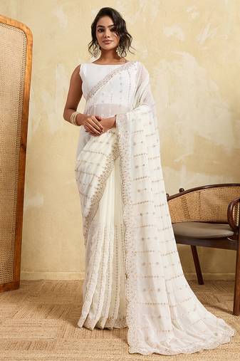 White color beautiful georgette fabric glamorous embroidered saree
