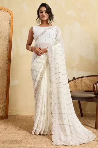White color beautiful georgette fabric glamorous embroidered saree