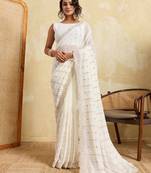 White color beautiful georgette fabric glamorous embroidered saree