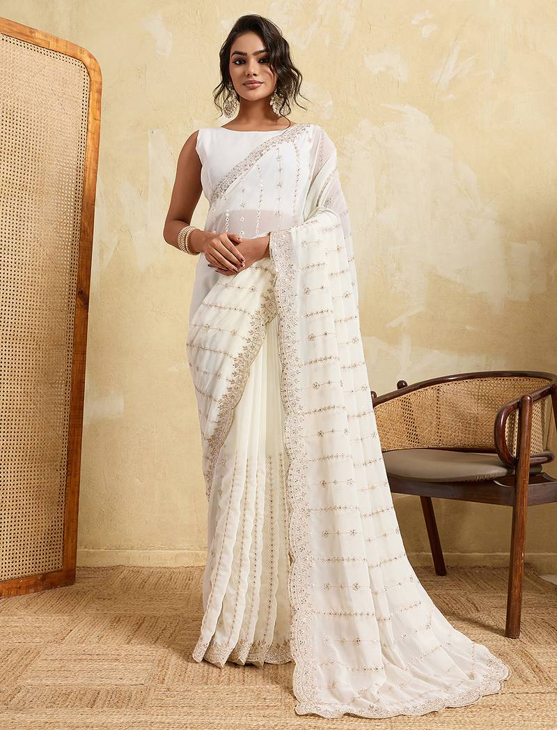 White color beautiful georgette fabric glamorous embroidered saree
