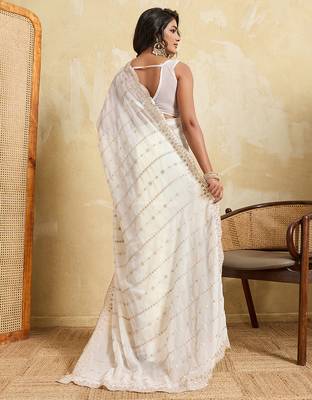 White color beautiful georgette fabric glamorous embroidered saree 2