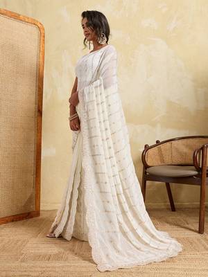 White color beautiful georgette fabric glamorous embroidered saree 4