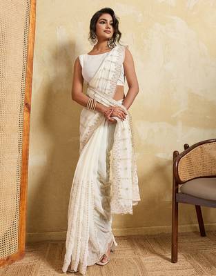 White color beautiful georgette fabric glamorous embroidered saree 5