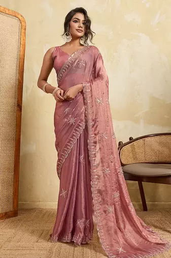 Purple color beautiful fendy chiffon fabric glamorous embroidered saree