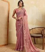 Purple color beautiful fendy chiffon fabric glamorous embroidered saree