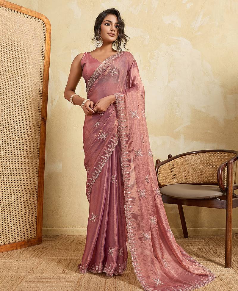Purple color beautiful fendy chiffon fabric glamorous embroidered saree