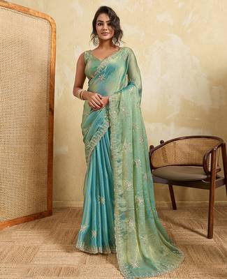 Sky blue chiffon glamorous embroidered saree 1