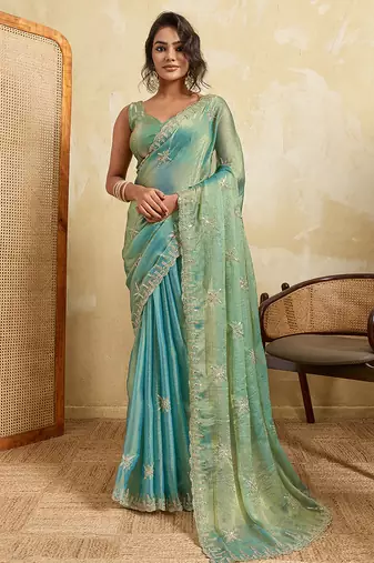 Sky blue color beautiful fendy chiffon fabric glamorous embroidered saree
