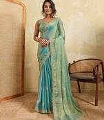 Sky blue color beautiful fendy chiffon fabric glamorous embroidered saree