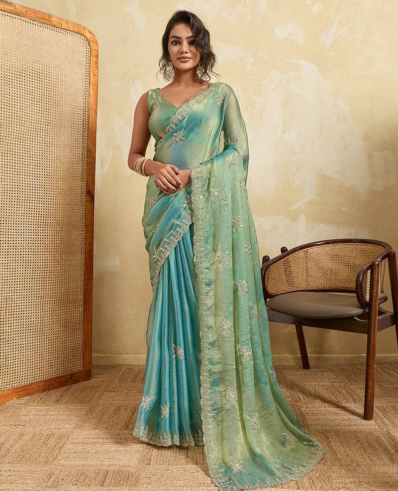 Sky blue color beautiful fendy chiffon fabric glamorous embroidered saree