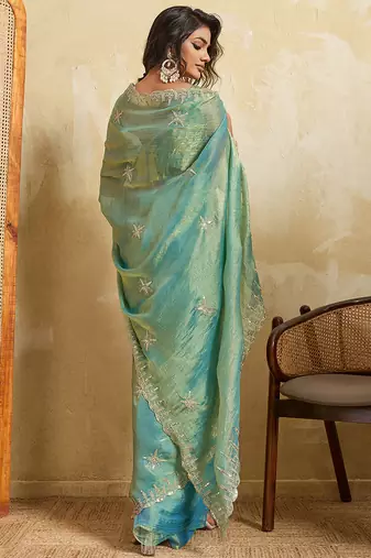 Sky blue chiffon glamorous embroidered saree