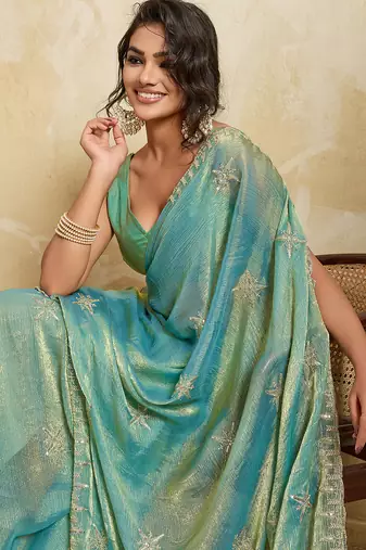 Sky blue chiffon glamorous embroidered saree