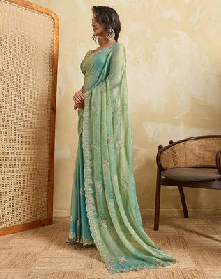 Sky blue chiffon glamorous embroidered saree 4