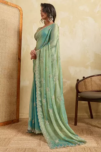 Sky blue chiffon glamorous embroidered saree