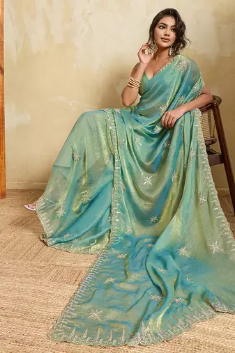 Sky blue chiffon glamorous embroidered saree