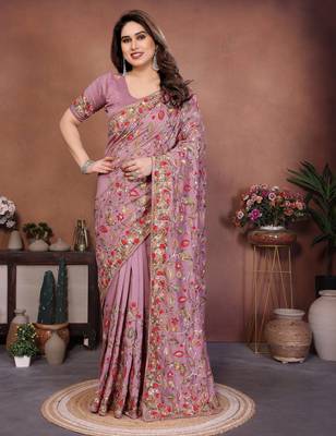 Pink vichitra silk blend embroidery work graceful partywear saree 1