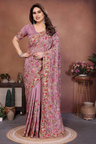 Pink color vichitra silk fabric designer embroidery work graceful partywear saree