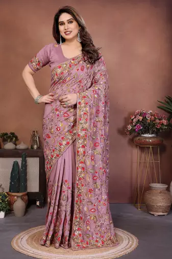 Pink color vichitra silk fabric designer embroidery work graceful partywear saree