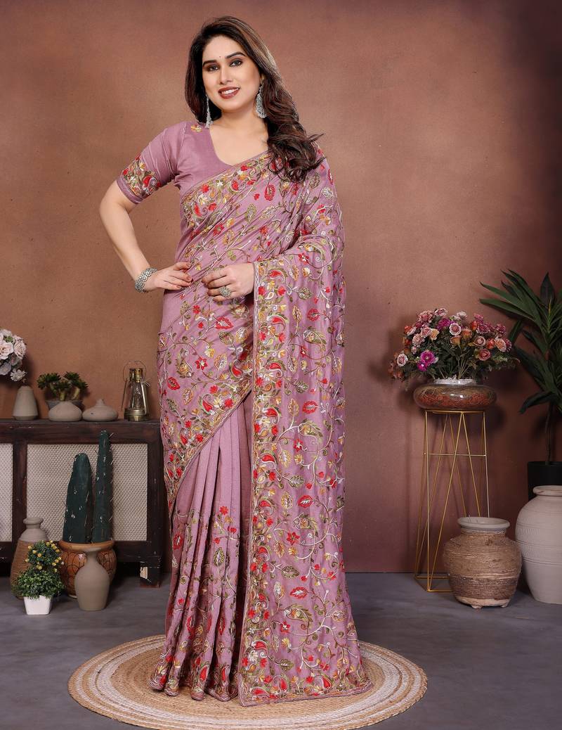 Pink color vichitra silk fabric designer embroidery work graceful partywear saree