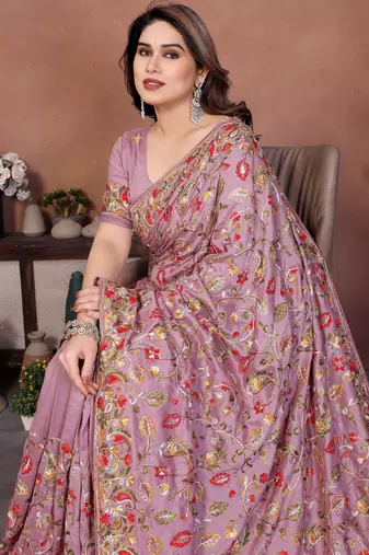 Pink vichitra silk blend embroidery work graceful partywear saree