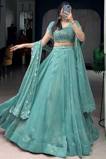Stunning Sea Green Bead Work Organza Mehendi Wear Lehenga With Blouse
