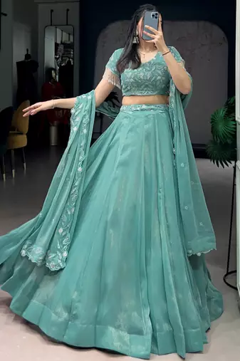 Stunning Sea Green Bead Work Organza Mehendi Wear Lehenga With Blouse