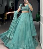 Stunning Sea Green Bead Work Organza Mehendi Wear Lehenga With Blouse