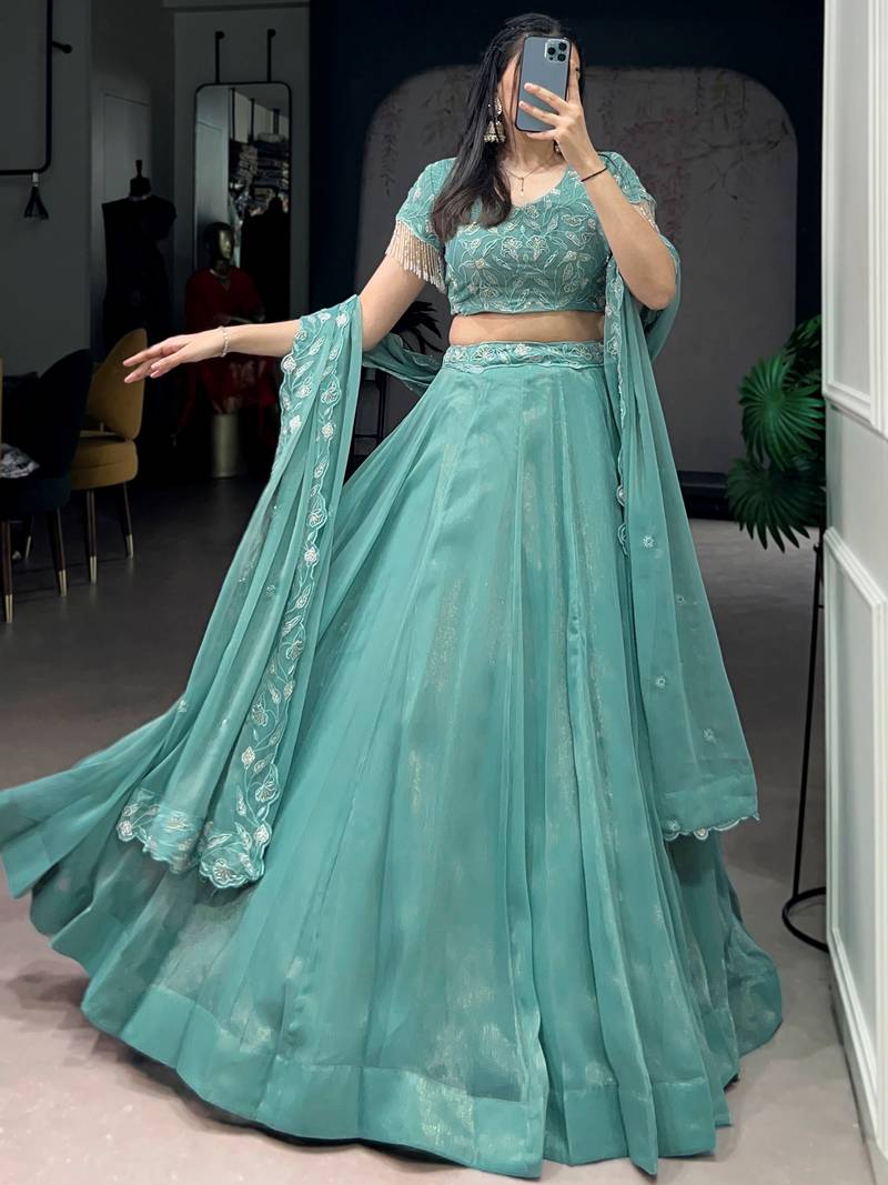 Stunning Sea Green Bead Work Organza Mehendi Wear Lehenga With Blouse