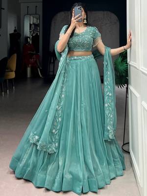 Stunning Sea Green Bead Work Organza Mehendi Wear Lehenga With Blouse 3
