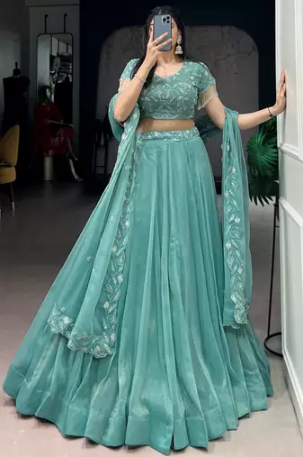 Stunning Sea Green Bead Work Organza Mehendi Wear Lehenga With Blouse