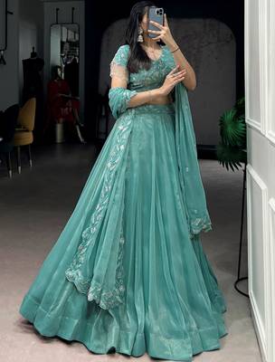Stunning Sea Green Bead Work Organza Mehendi Wear Lehenga With Blouse 4