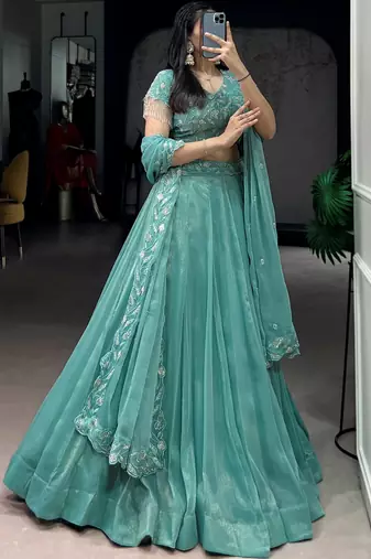 Stunning Sea Green Bead Work Organza Mehendi Wear Lehenga With Blouse