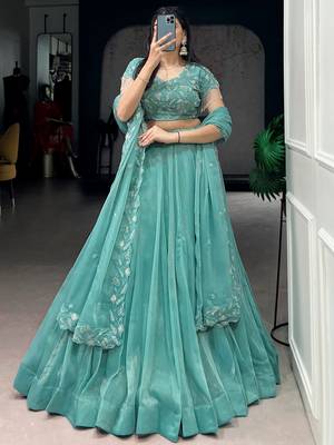 Stunning Sea Green Bead Work Organza Mehendi Wear Lehenga With Blouse 5