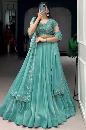 Stunning Sea Green Bead Work Organza Mehendi Wear Lehenga With Blouse