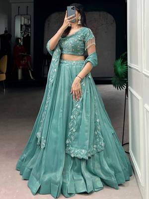 Stunning Sea Green Bead Work Organza Mehendi Wear Lehenga With Blouse 6