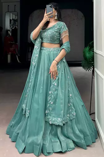 Stunning Sea Green Bead Work Organza Mehendi Wear Lehenga With Blouse