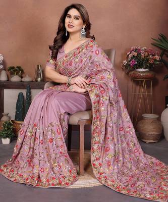 Pink vichitra silk blend embroidery work graceful partywear saree 5