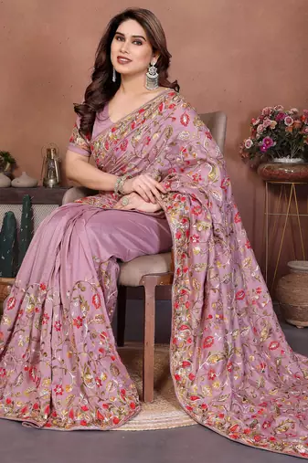 Pink vichitra silk blend embroidery work graceful partywear saree