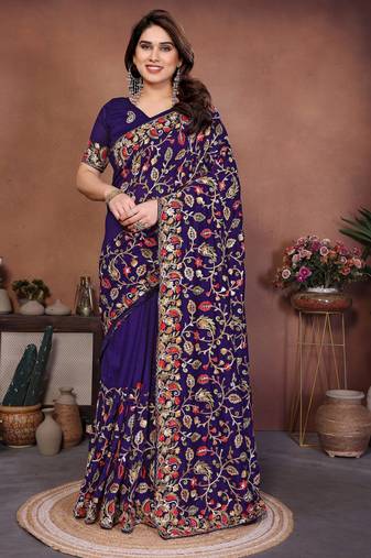 Purple color vichitra silk fabric designer embroidery work graceful partywear saree