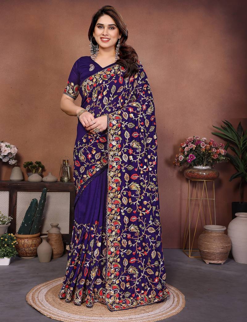 Purple color vichitra silk fabric designer embroidery work graceful partywear saree