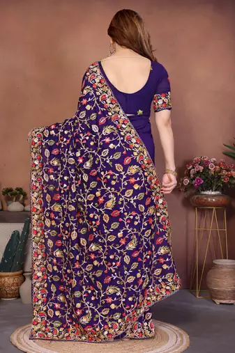Purple vichitra silk blend embroidery work graceful partywear saree