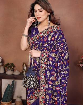 Purple vichitra silk blend embroidery work graceful partywear saree 3