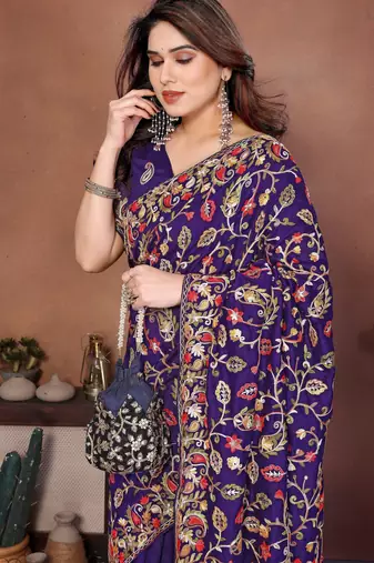 Purple vichitra silk blend embroidery work graceful partywear saree