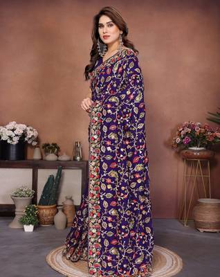 Purple vichitra silk blend embroidery work graceful partywear saree 4