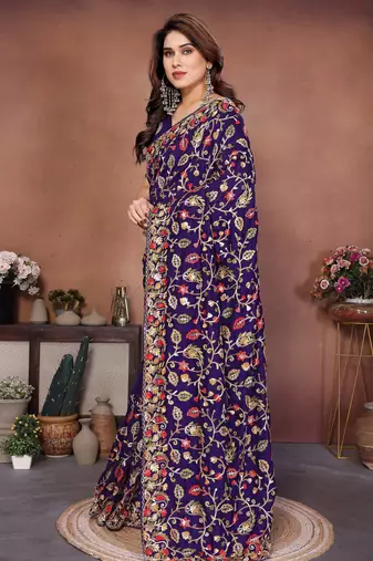 Purple vichitra silk blend embroidery work graceful partywear saree