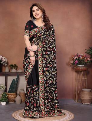 Black vichitra silk blend embroidery work graceful partywear saree 1